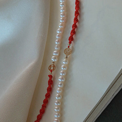 Mythstone 14K Gold Plated Pearl Bead Luck Protection Braid Red String Bracelet