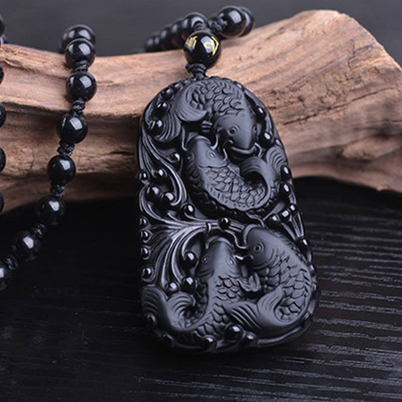 Mythstone Black Obsidian Koi Fish Engraved Strength Beaded Necklace Pendant