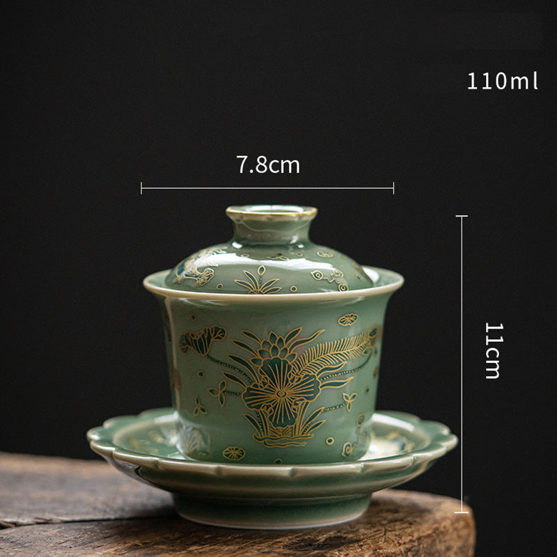 Mythstone Green Porcelain Butterfly Flower Salmon Fish Ceramic Gaiwan Sancai Teacup Kung Fu Tea Cup And Saucer With Lid