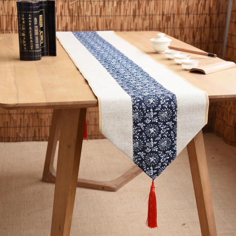 Mythstone Classic Chinese Style Lotus Koi Fish Flower Crane Calligraphy Enlightenment Cotton Linen Tassels Table Runner