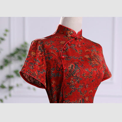 Mythstone Vintage Auspicious Clouds Leaf Print Cheongsam Dress Women's Qipao Dress