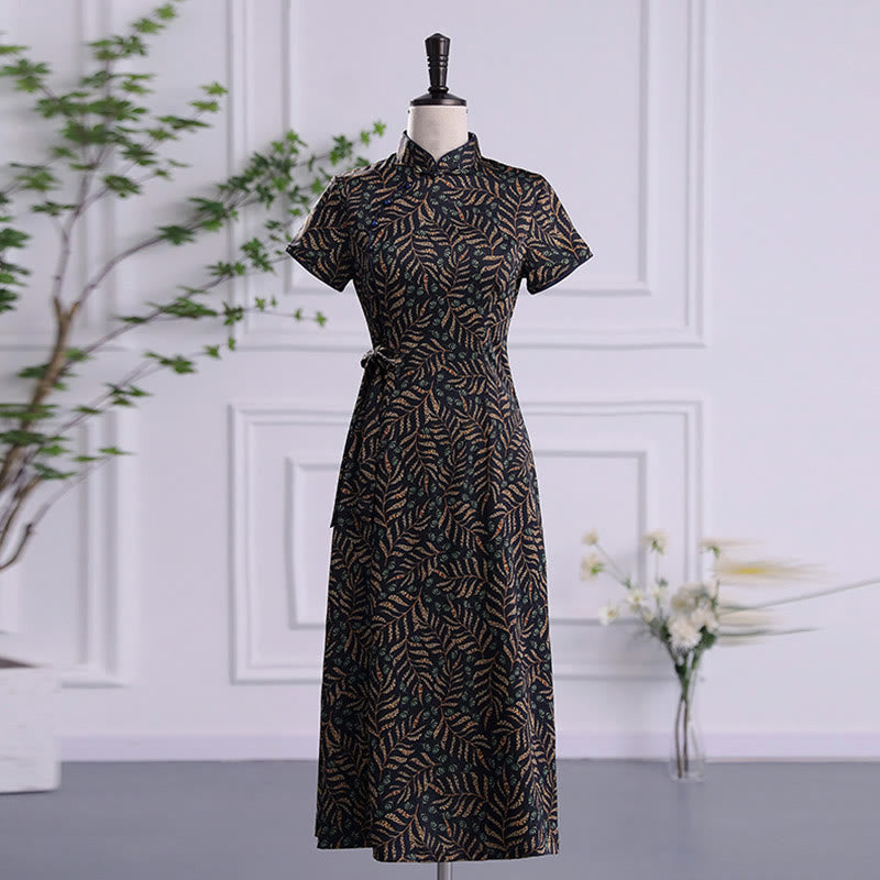 Mythstone Vintage Auspicious Clouds Leaf Print Cheongsam Dress Women's Qipao Dress