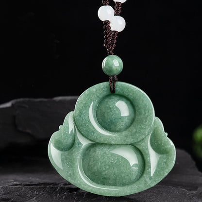 Mythstone Laughing Buddha Cyan Jade Harmony Necklace String Bead Pendant