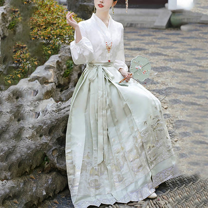 Mythstone Long Sleeve T-Shirt Top Tee Chinese Hanfu Flowers Horse Face Skirt Mamianqun