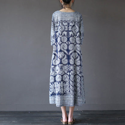 Mythstone Blue White Flower Printed Button Midi Dress Three Quarter Sleeve Cotton Linen Dress With Pockets