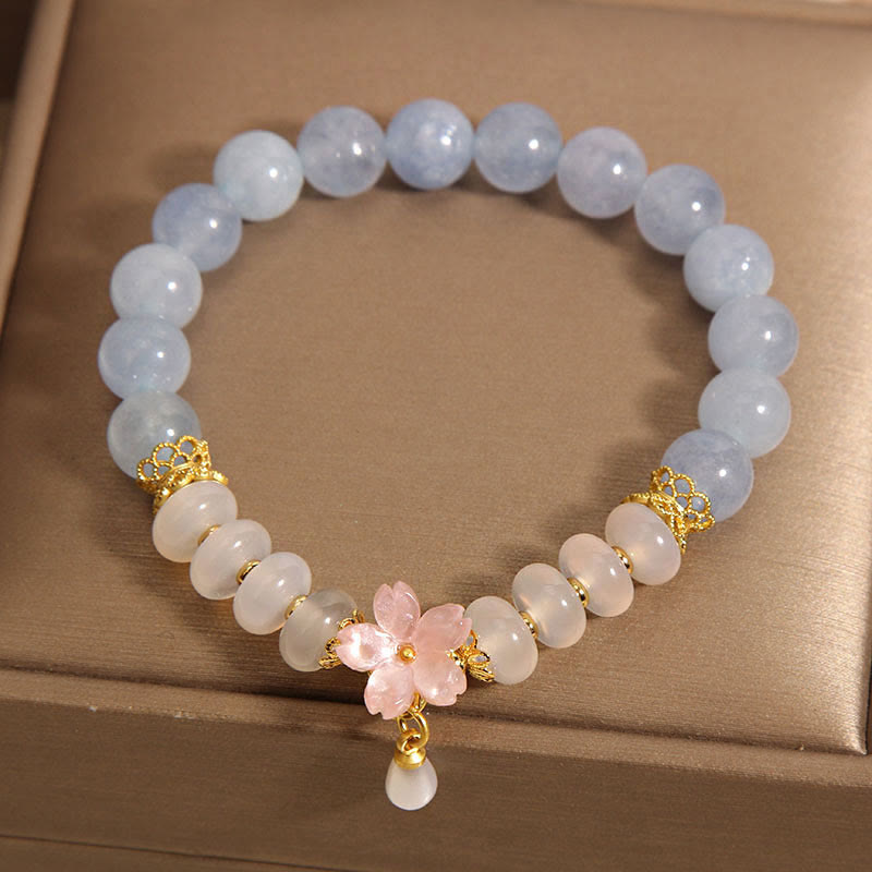 Mythstone Aquamarine White Agate Pearl Abacus Beads Flower Healing Bracelet