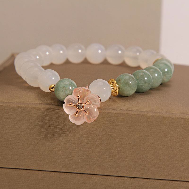 Mythstone White Agate Jade Flower Charm Luck Protection Bracelet