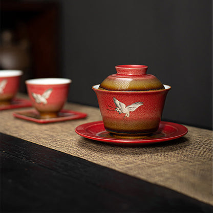 Mythstone Red Auspicious Crane Ceramic Gaiwan Sancai Teacup Kung Fu Tea Cup And Saucer With Lid