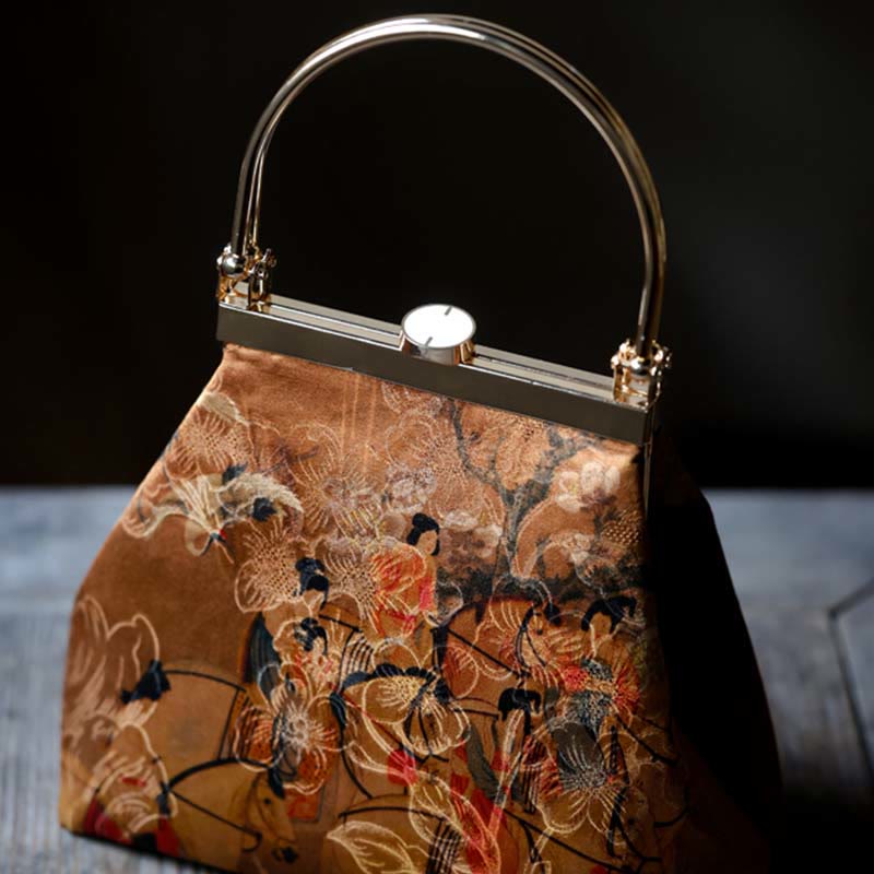 Mythstone Painting of Lady of Guoguo on a Spring Outing Metal Handle Handbag