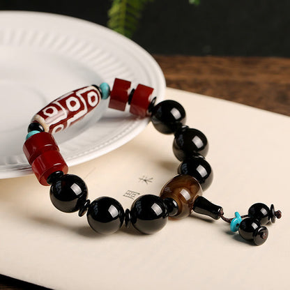 MythStone Tibetan Nine-Eye Dzi Bead Black Onyx Wealth Protection Bracelet