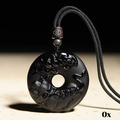 Colgante con hebilla de paz y fuerza de obsidiana negra natural del zodíaco chino Mythstone