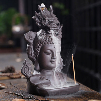 Mythstone Dragon Buddha Auspicious Clouds Purple Clay Healing Incense Burner Decoration