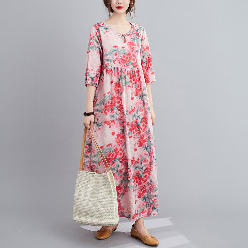 Mythstone Flowers Print Midi Dress Tunic Dress With Pockets