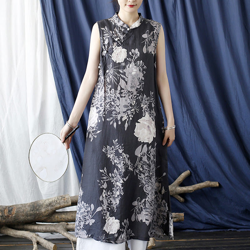 Mythstone Ancient Ramie Linen Flowers Printing Cheongsam Dresses Sleeveless Dress