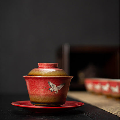 Mythstone Red Auspicious Crane Ceramic Gaiwan Sancai Teacup Kung Fu Tea Cup And Saucer With Lid