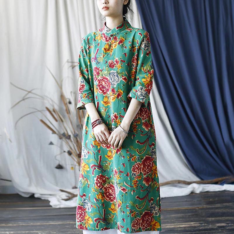 Mythstone Red Blue Peony Midi Dress Half Sleeve Cotton Linen Dress Wide Leg Pants With Pockets