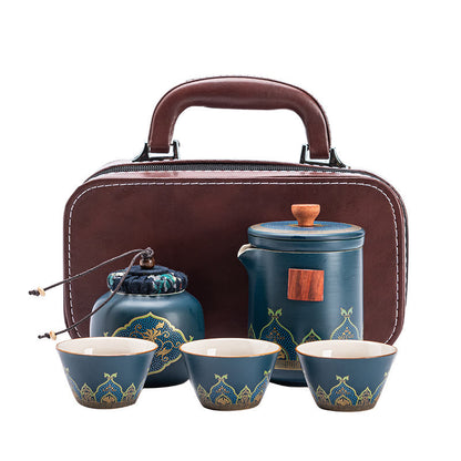 Mythstone Flower Chinese Gongfu Ceramic Teapot Portable Outdoor Travel Tea Set Bag