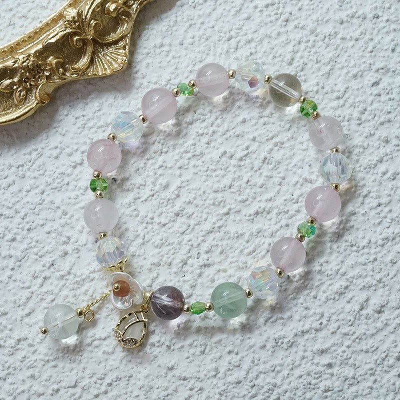 Mythstone Strawberry Quartz Rutilated Quartz Fluorite Flower Healing Bracelet