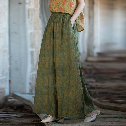 Mythstone Green Yellow Ramie Linen Flexible Waistband Wide Leg Pants With Pockets