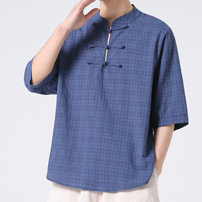 Mythstone Frog-Button Plaid Pattern Chinese Tang Suit Half Sleeve Shirt Cotton Linen Men Clothing