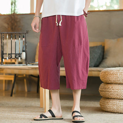 Mythstone Solid Color Mid-Length Wide Leg Pants Cotton Men's Wide Leg Pants With Pockets