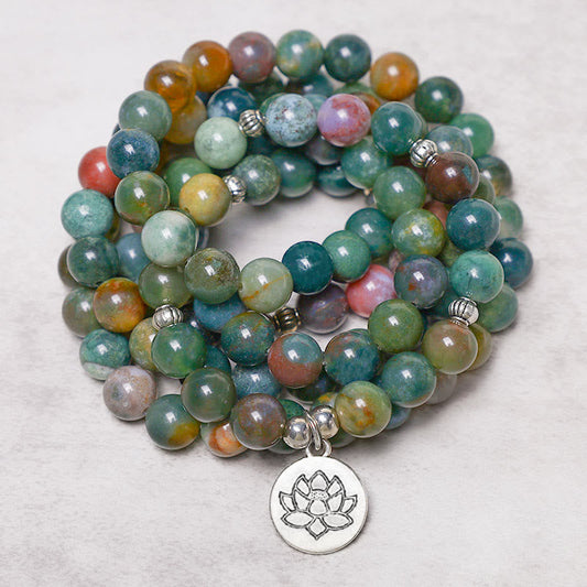 Mythstone 108 Mala Beads Indian Agate Lotus OM Buddha Tree of life Positive Calm Bracelet