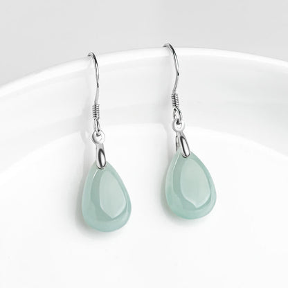 Mythstone 925 Sterling Silver Jade Water Drop Pattern Luck Prosperity Dangle Earrings