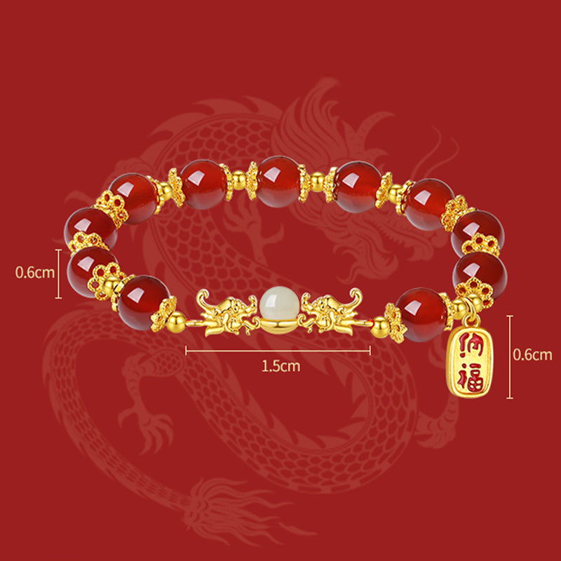 Pulsera de fuerza con amuleto de jade hetiano Fu de ágata roja natural del año del dragón en plata de ley 925 de Mythstone