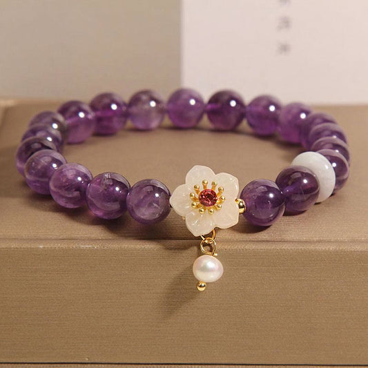 Mythstone Natural Amethyst White Agate Pearl Charm Balance Bracelet