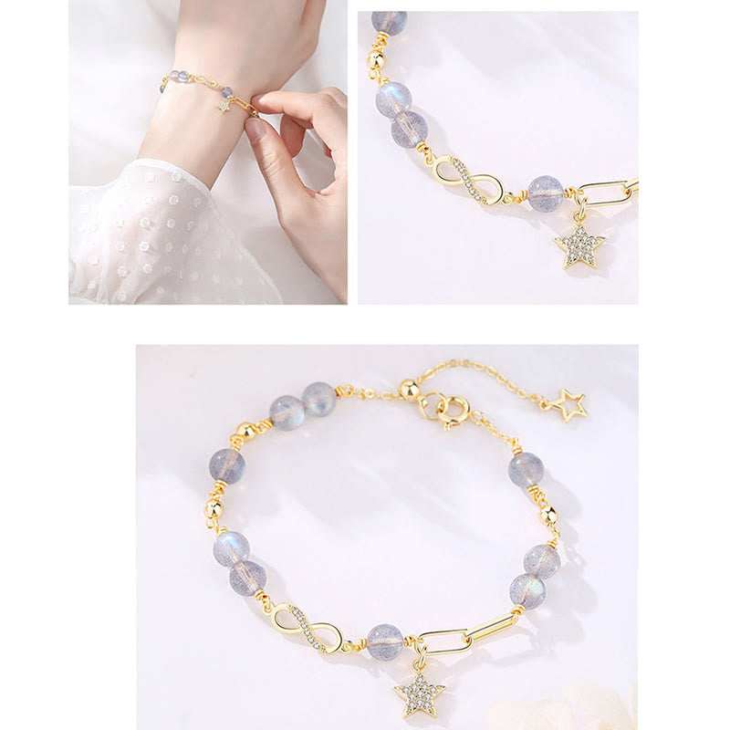 Mythstone 14K Gold Plated Natural Strawberry Quartz Moonstone Möbius Loop Eternal Love Star Positive Bracelet