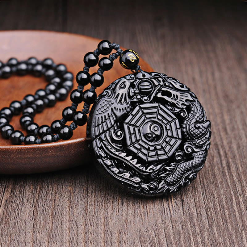 Mythstone Bagua Dragon Phoenix Obsidian Fulfilment Pendant Necklace