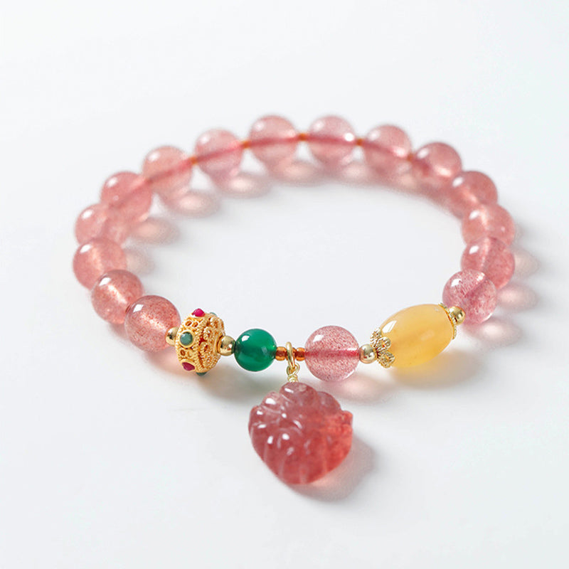 Mythstone Natural Strawberry Quartz Nine-Tailed Fox Healing Bracelet