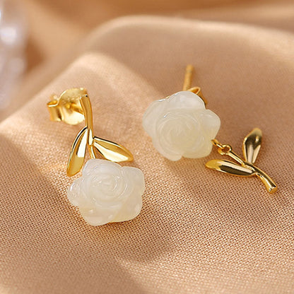 Mythstone 925 Sterling Silver Plated Gold Jade Rose Flower Cyan Jade Pearl Luck Earrings