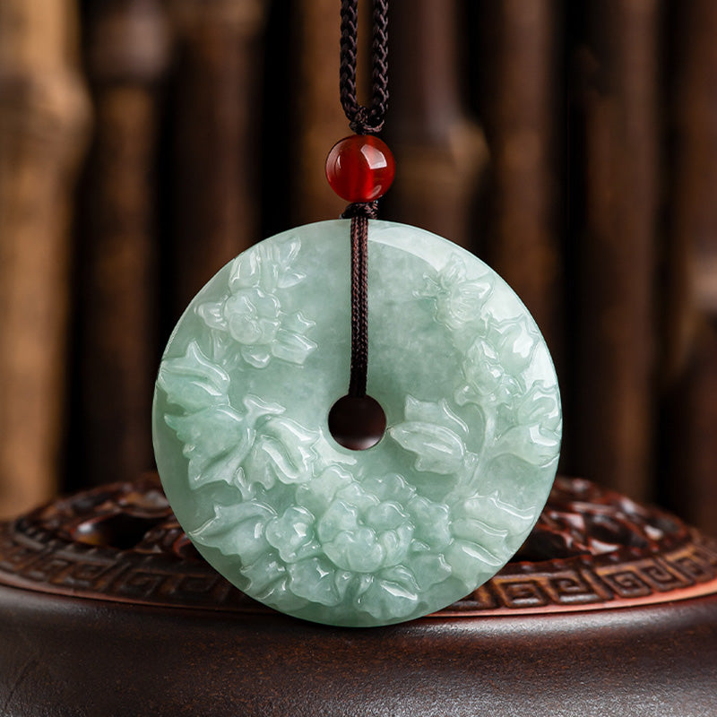 Mythstone Round Jade Peace Buckle Peony Flower Abundance Necklace Pendant