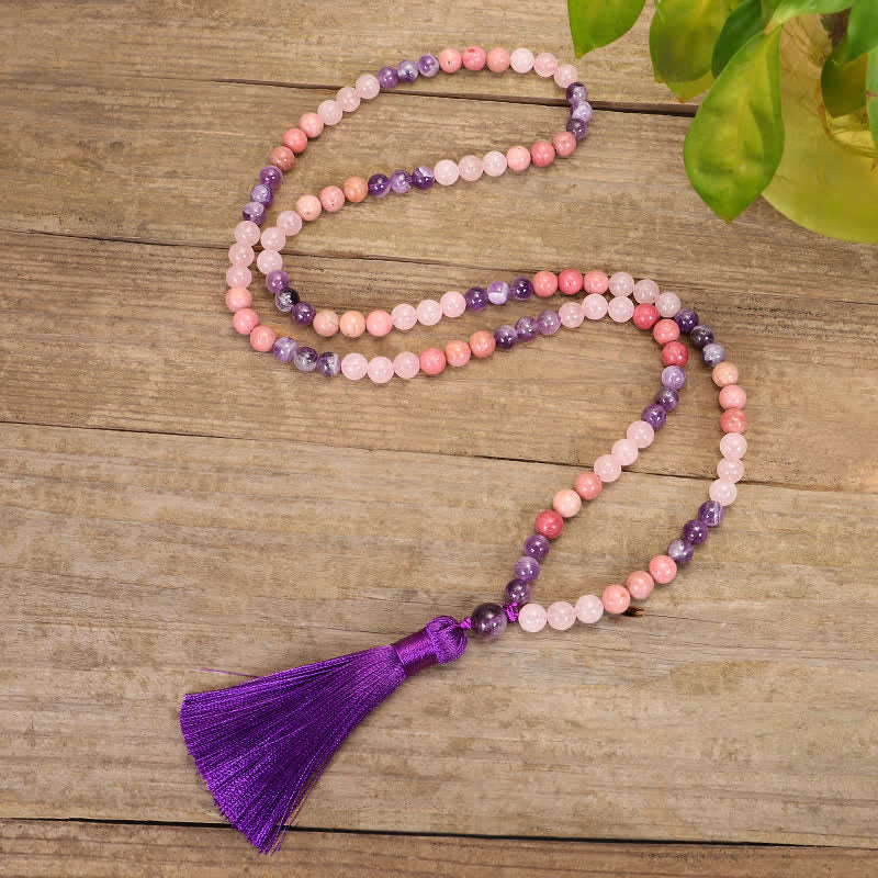 Mythstone 108 Mala Beads Amethyst Rose Quartz Spiritual Healing Tassel Bracelet