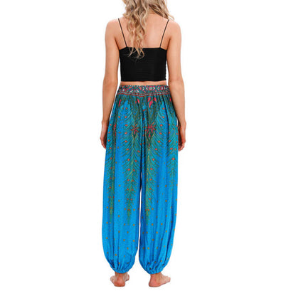 Mythstone Peacock Feather Pattern Loose Harem Trousers Women's Yoga Pants