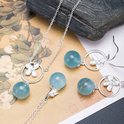 Mythstone 925 Sterling Silver Natural Aquamarine Leaf Flower Peace Earrings Necklace