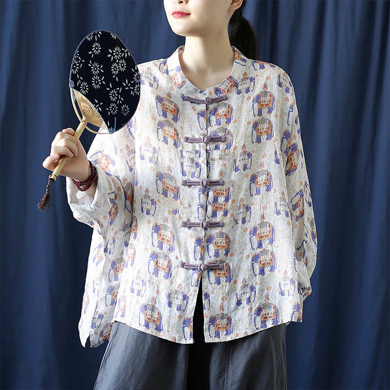 Mythstone Elephant Print Frog-button Design Batwing Long Sleeve Ramie Linen Jacket Shirt