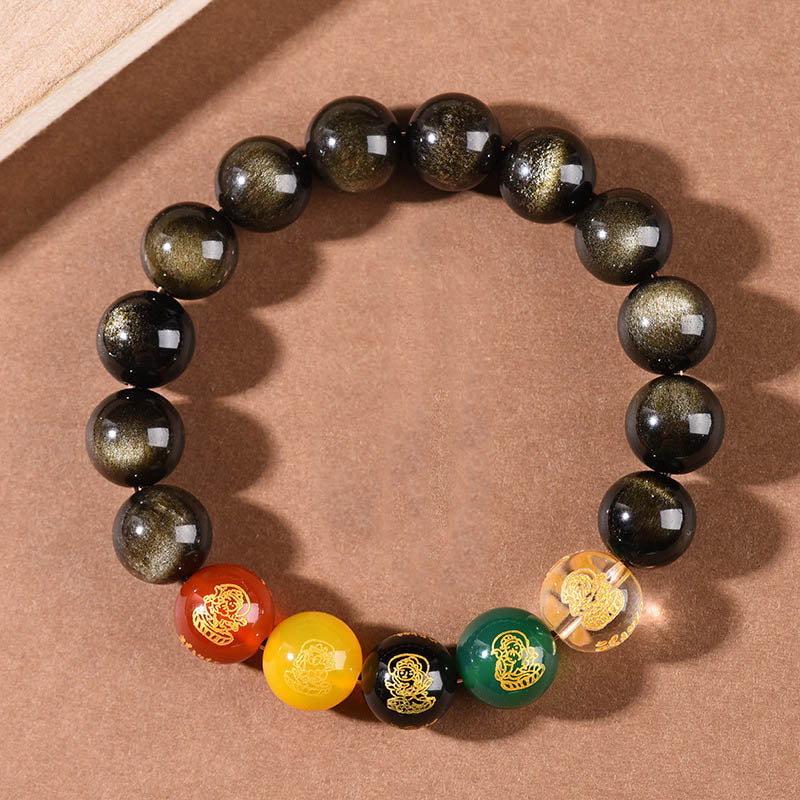 Mythstone Gold Sheen Obsidian Rainbow Obsidian Black Obsidian Five Directions Gods of Wealth Bracelet