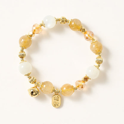 Mythstone 14K Gold Plated Golden Rutilated Quartz Wealth Bell Lucky Fortune Charm Bracelet