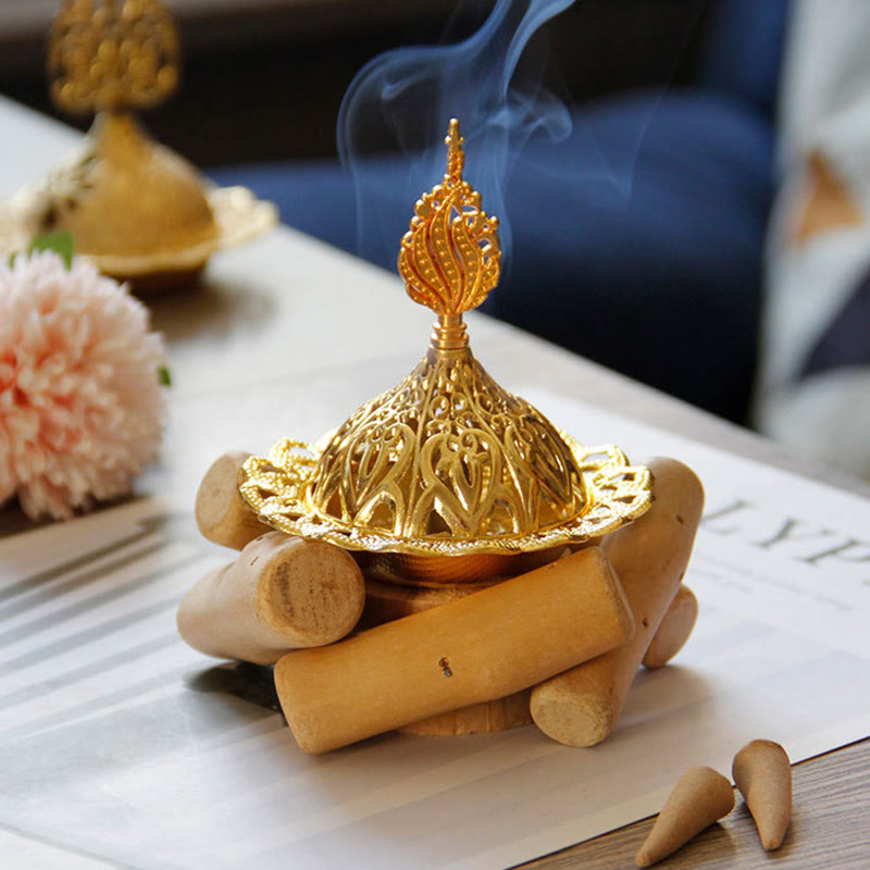 Mythstone Gold Alloy Healing Mini Incense Burner With Wooden Coaster Home Decor