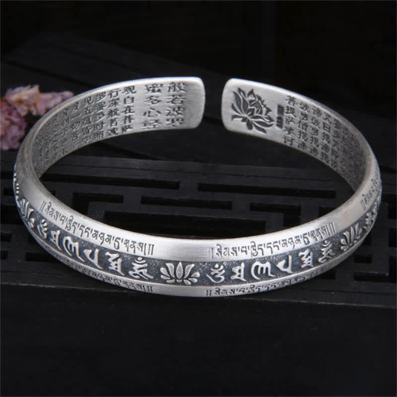 Mythstone 999 Sterling Silver Om Mani Padme Hum Heart Sutra Lotus Peace Bracelet Bangle