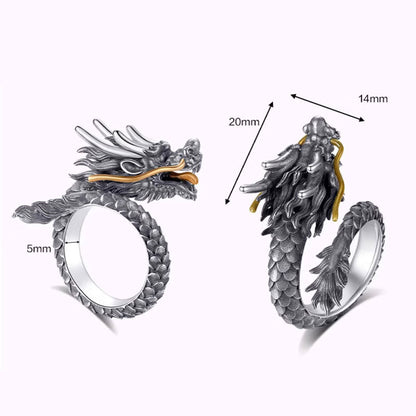 Mythstone 925 Sterling Silver Vintage Dragon Design Protection Strength Adjustable Ring