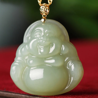 Mythstone 925 Sterling Silver Laughing Buddha Cyan Jade 18K Gold Success Necklace Pendant