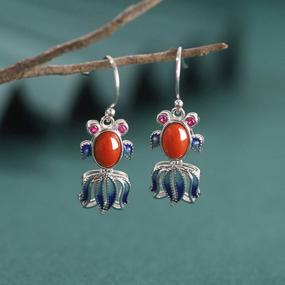 Mythstone 925 Sterling Silver Hetian White Jade Red Agate Cute Fish Happiness Drop Earrings