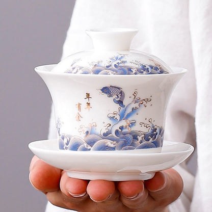 Mythstone White Porcelain Mountain Landscape Countryside Ceramic Gaiwan Teacup Kung Fu Tea Cup And Saucer With Lid