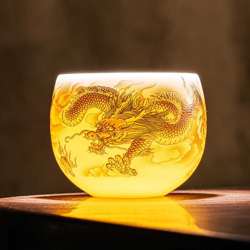 Mythstone Dragon Phoenix Auspicious Clouds Ceramic Teacup Kung Fu Tea Cup With Gift Box