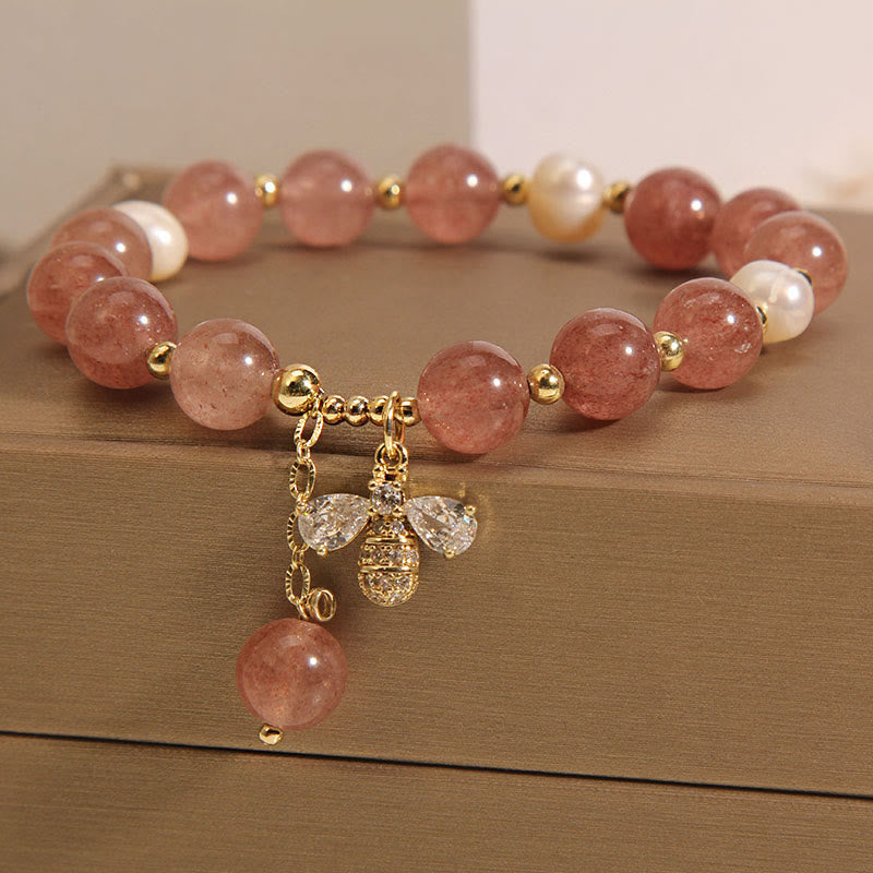 Mythstone Strawberry Quartz Pearl Cute Zircon Honeybee Positive Charm Bracelet