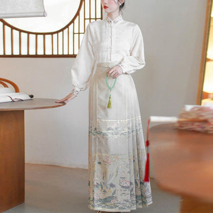 Mythstone Long Sleeve Shirt Top Chinese Hanfu Crane Lotus Printed Horse Face Skirt Mamianqun