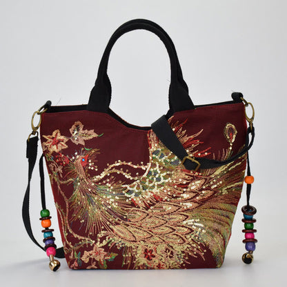 Mythstone Peacock Double-sided Embroidery Tote Bag Shoulder Bag Crossbody Bag